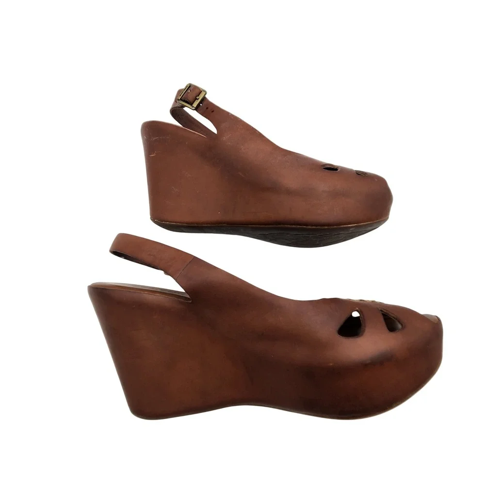 Kork-Ease Bette Tan Leather Platform Wedge Sandals Slingback Peep Toe Brown 9